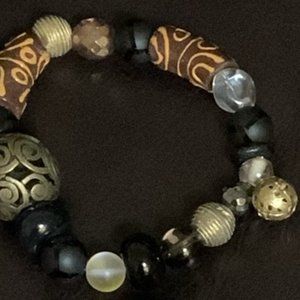 Stretchy Bracelet - Brown, blackbutterscotch, wooden, glass and brass beads